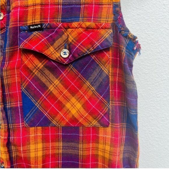 Hurley Colorful Plaid Cut-Off Button Down Flannel Women’s Size Small - Picture 11 of 12